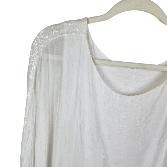 M for Bolide White Silk Blouse Tunic 3/4 Sleeve Scoop Neck Sequin Size Large - Picture 2 of 12